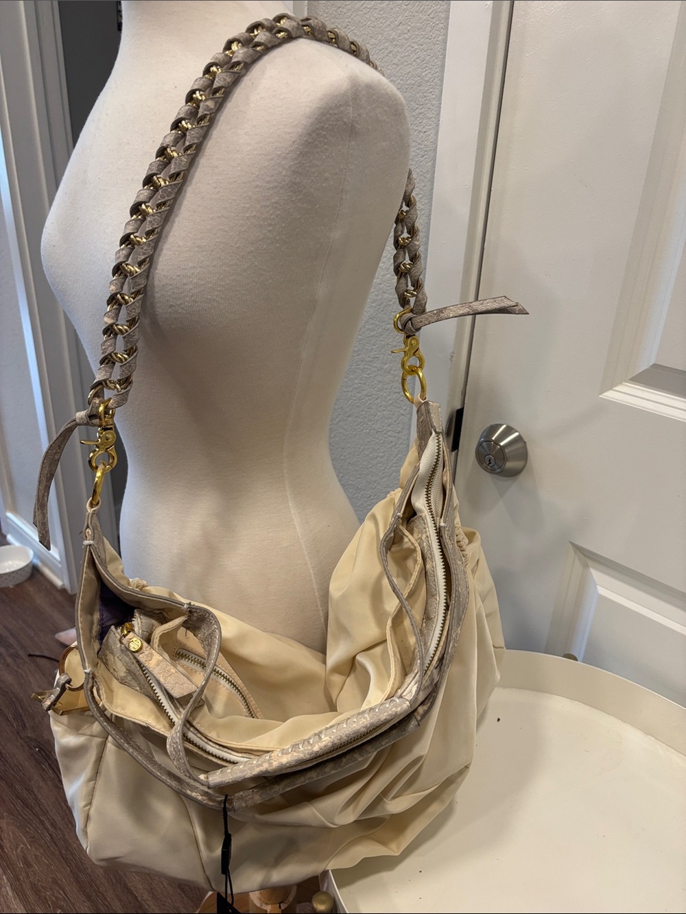 Jenrigo Cream Shoulder Hobo Bag with Braided Chain Strap